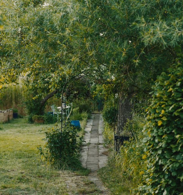 A young man wearing glasses, a dark hoodie, and jeans is lawn mowing a neatly maintained garden with a push lawn mower. The garden features a lush green lawn, bordered by flowerbeds filled with bloomi